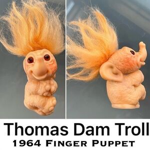 🐘Rare VTG 1964 DAM Elephant Troll Finger Puppet/Amber Glass Eyes/Orange Mohair